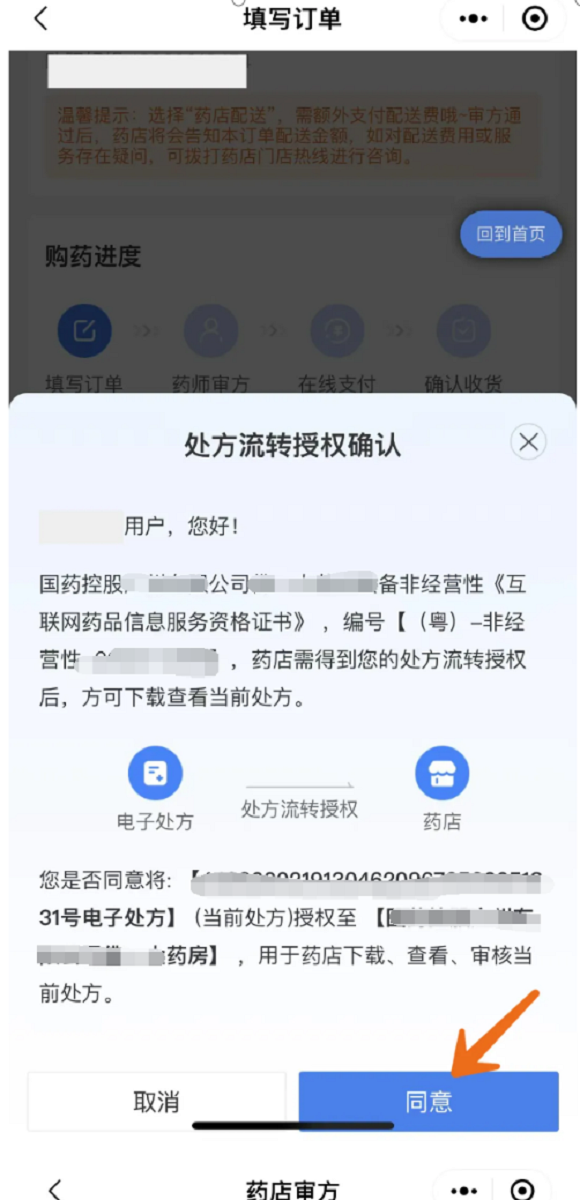 图片6:步骤六处方授权→同意→药店审方(需等待审核)。.png